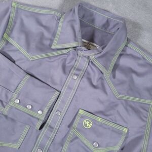 Western Welder Shirt Mens Medium Gray Canvas Pearl Snap Triple Green Stitch Peru